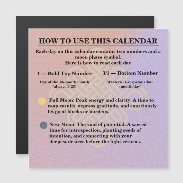 13-Month Moon Phase Zodiac instructions Calendar (Frente/Verso)