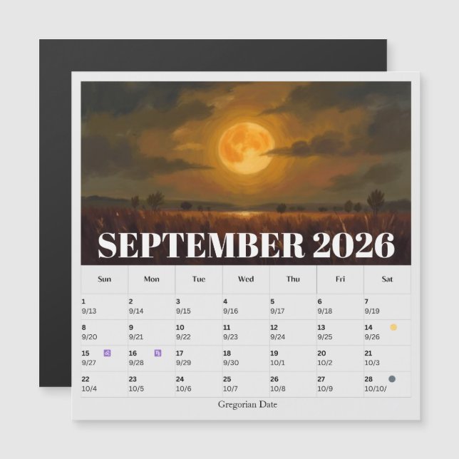13-Month Moon Phase Zodiac September Calendar (Frente/Verso)