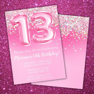 13 rosa-rosa Aniversário Convite Girly Pink Glitte