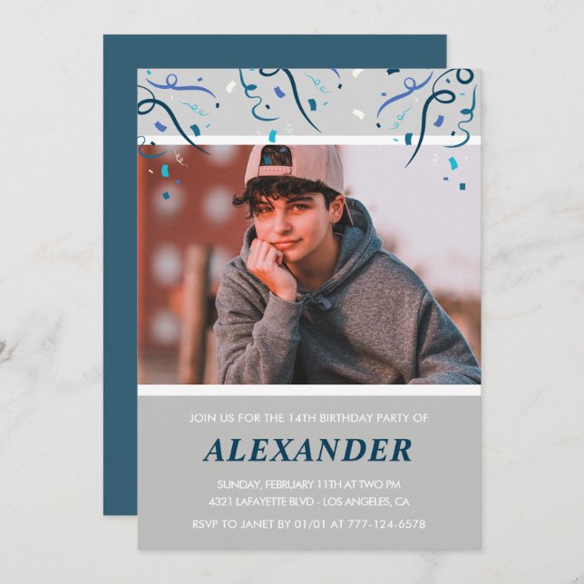 14 de convites Confetti Photo Blue (Frente/Verso)