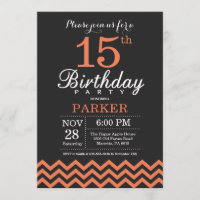 15 Aniversário Convite Preto e Coral Chevron