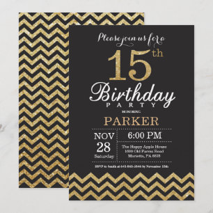 15 Aniversário Convite Preto e Dourado