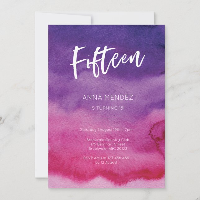 15 Aniversário Convite Rosa Púrpura Aquarela (Frente)