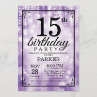 15 Aniversário do Convite Purple Glitter