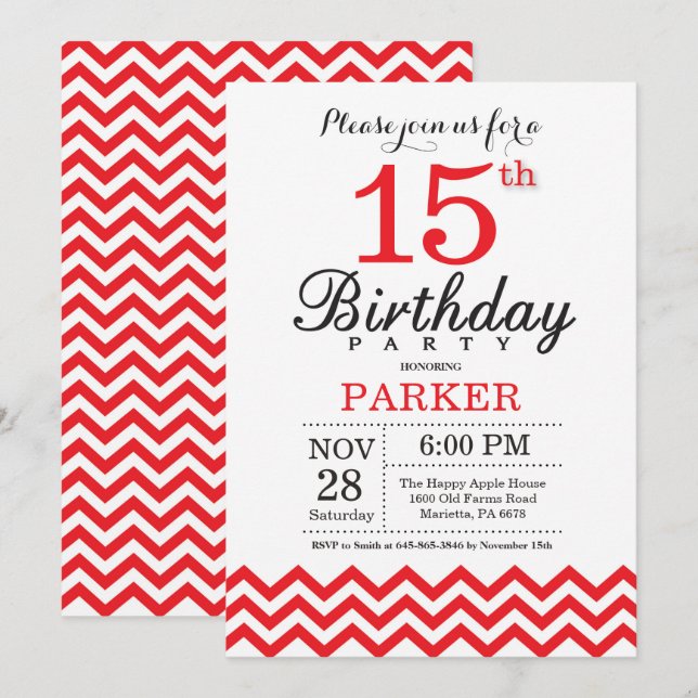 15 Birthday Convite Red Chevron (Frente/Verso)