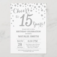 15 Birthday Silver Glitter Diamond Convite