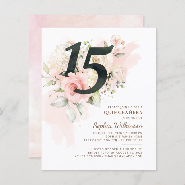 15 de Orçamento Aniversário da Quinceanera Floral  (Frente/Verso)