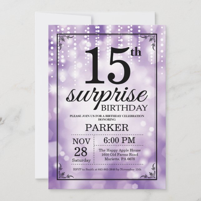 15 de Surpresa - Glitter Roxo de Convite de Aniver (Frente)