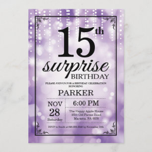 15 de Surpresa - Glitter Roxo de Convite de Aniver