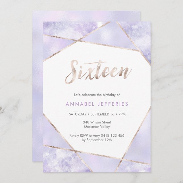 16º Aniversário Convite púrpura e ouro (Frente/Verso)