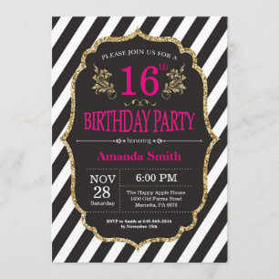 16º Convite de Aniversário. Brilho preto e Doura