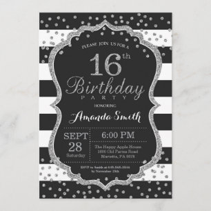 16º Convite de Aniversário. Brilho preto e prate