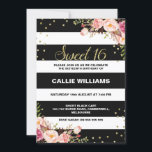 16º Convite de Aniversário do Black White Floral<br><div class="desc">Procurando um convite ousado de 16 ou 16 anos? Este design apresenta um padrão de listras brancas e pretas, um falso ouro com dois arranjos florais e alguns pontos de ouro. O fundo do convite é preto com um padrão de pote de ouro falso. Este design é uma maneira impressionante...</div>