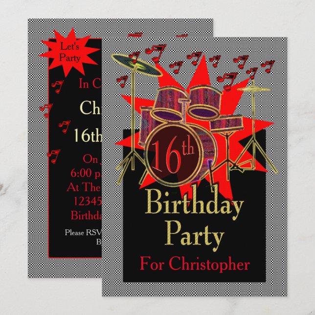 16.º Aniversário Convite Personalizado para Tambor (Frente/Verso)