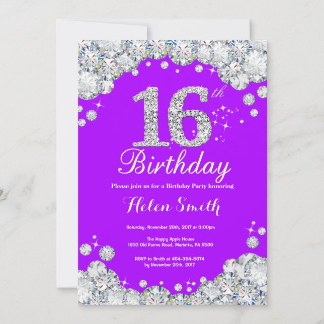 16.º Aniversário Convite Purple e Diamante de Prat (Frente)