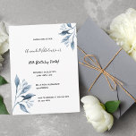 16.º aniversário do convite botânico branco azul<br><div class="desc">Um convite elegante e simples para a 16ª festa de aniversário. Na frente, um fundo branco chico decorado com ramos botânicos azuis, florais. Modelos para um nome, 16 anos e detalhes da sua festa. Voltar: cor azul clássica do fundo. Dica: Se você não quiser que pareça um cartão postal, clique...</div>