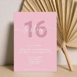 16.º Convite de Aniversário, Rosa Elegante Moderno<br><div class="desc">16.º Convite de Aniversário,  rosa feminino moderna. Design de modelo de convite de 16 anos minimalista com uma elegante caligrafia escrita à mão.</div>