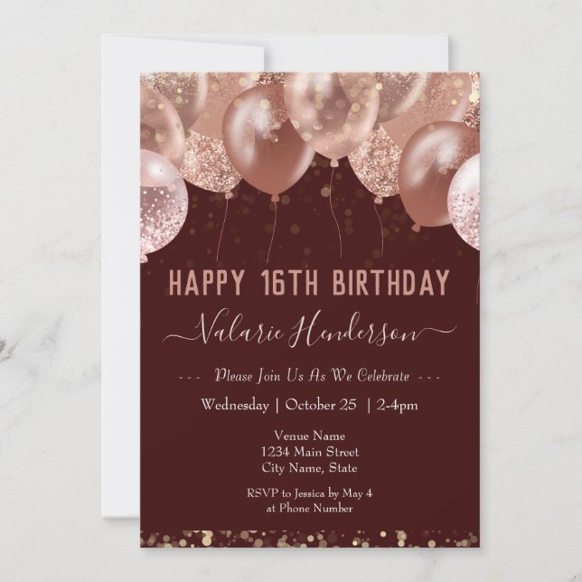 16.º Convite para Balões Rosa de Aniversário (Frente)
