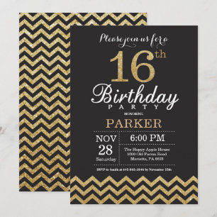 16.o Aniversário Convite Preto e Dourado