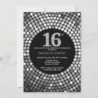 16.o Aniversário Convite Preto e Silver Glitter