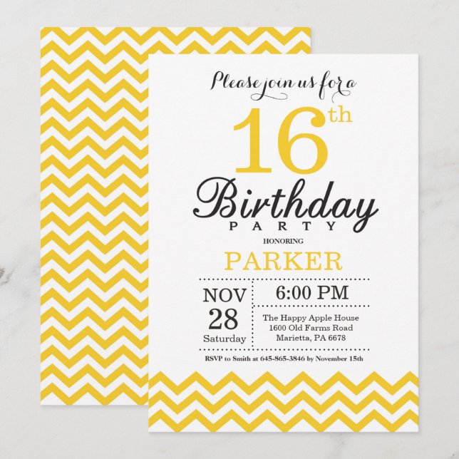 16o Amarelo Chevron do convite do aniversário (Frente/Verso)