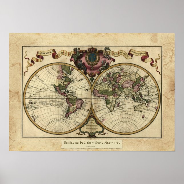 "1720 Guillaume DeLisle" - Poster do Mapa do Mundo (Frente)