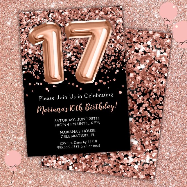 17.º Aniversário Convite à Rosa Dourada Glitter Ne (Criador carregado)