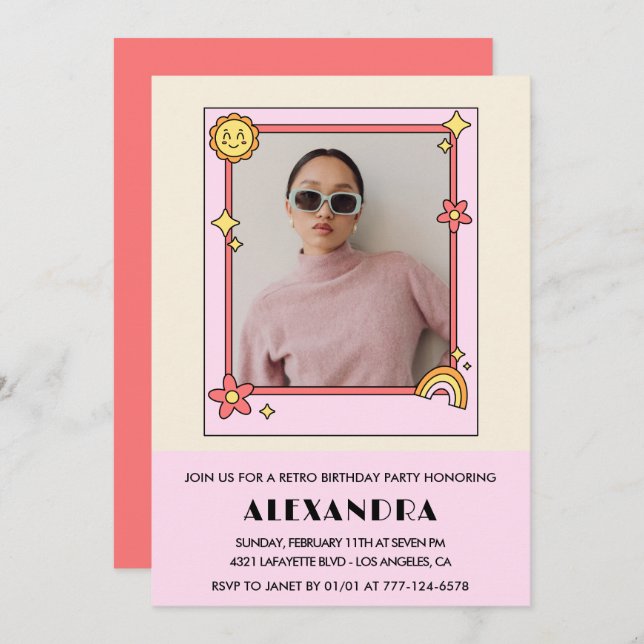 17.º aniversário Convite Retro Groovy Pink Floral (Frente/Verso)