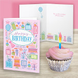 18º Cartão Rosa de Aniversário<br><div class="desc">Um cartão de aniversário feminino pastel brilhante para o 18º cheio de aniversário de tudo o que você precisa para celebrar. Bolos,  presentes,  balão,  flores e chapéus de festa enchem o cartão em um fundo rosa e também formam a borda inferior no dentro do cartão.</div>