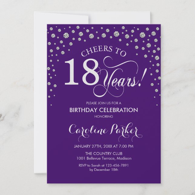 18º Convite de aniversário - Prata Roxo (Frente)
