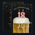 18º Convite de festas de velas de aniversário<br><div class="desc">Numero 18 velas em caneca de cerveja com confete colorido em preto para o convite da 18ª festa de aniversário.</div>