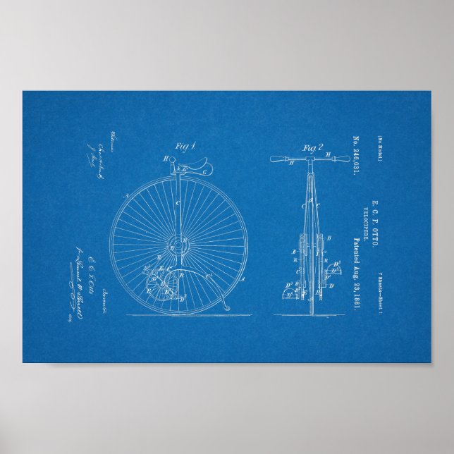 1881 Vintage Bicycle Velocipede Patent Impressão (Frente)