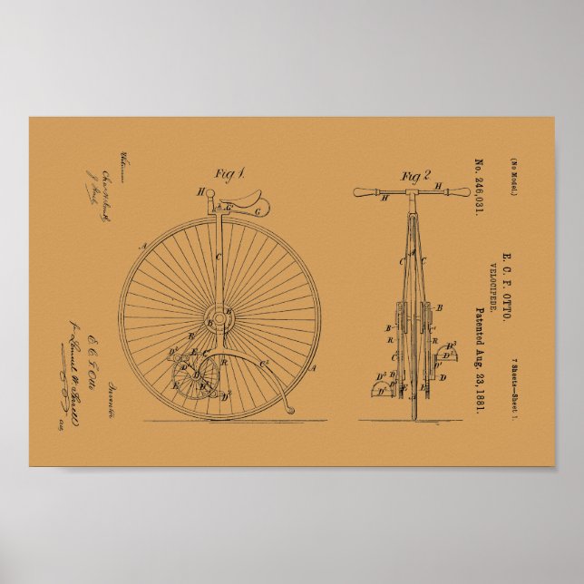 1881 Vintage Bicycle Velocipede Patent Impressão (Frente)