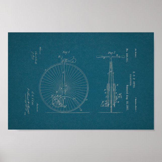 1881 Vintage Bicycle Velocipede Patent Impressão (Frente)