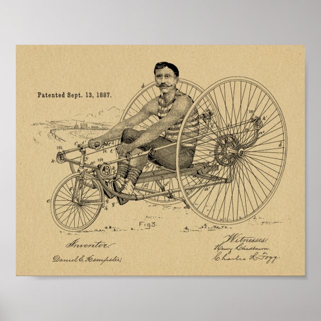 1887 Vintage Tricycle Bicycle Patent Art Impressão (Frente)