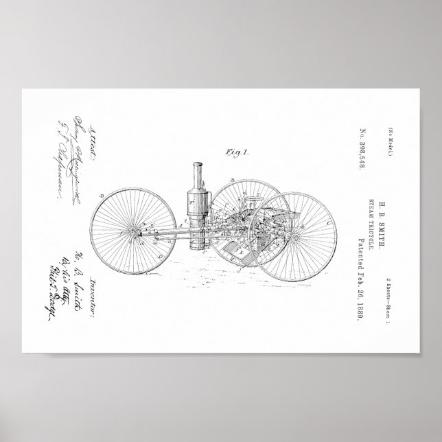 1889 Vintage Steam Tricycle Patent Art Impressão (Frente)
