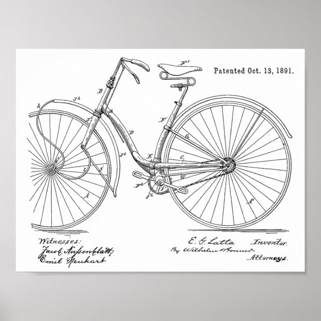 1891 Vintage Bicycle Patent Art Impressão (Frente)
