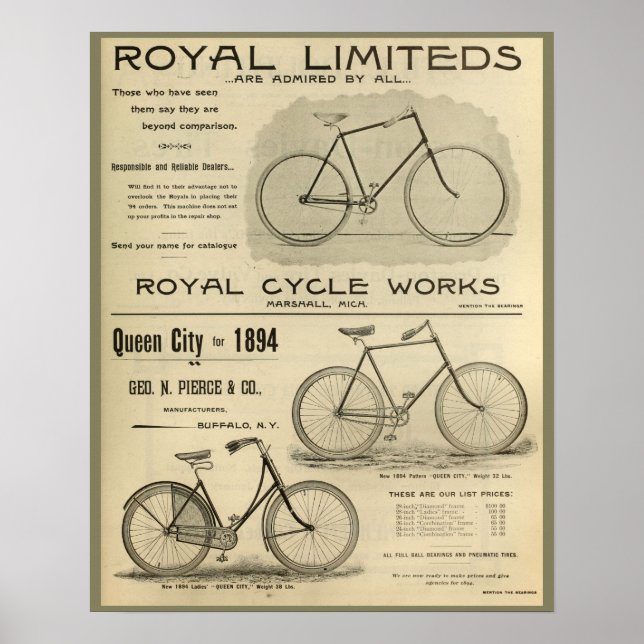 1894 Royal Cycle Works Bicycle Ad Art Poster (Frente)