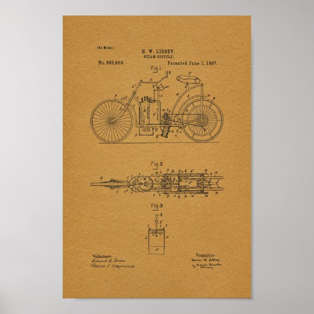1897 Vintage Steam Bicycle Patent Art Impressão (Frente)