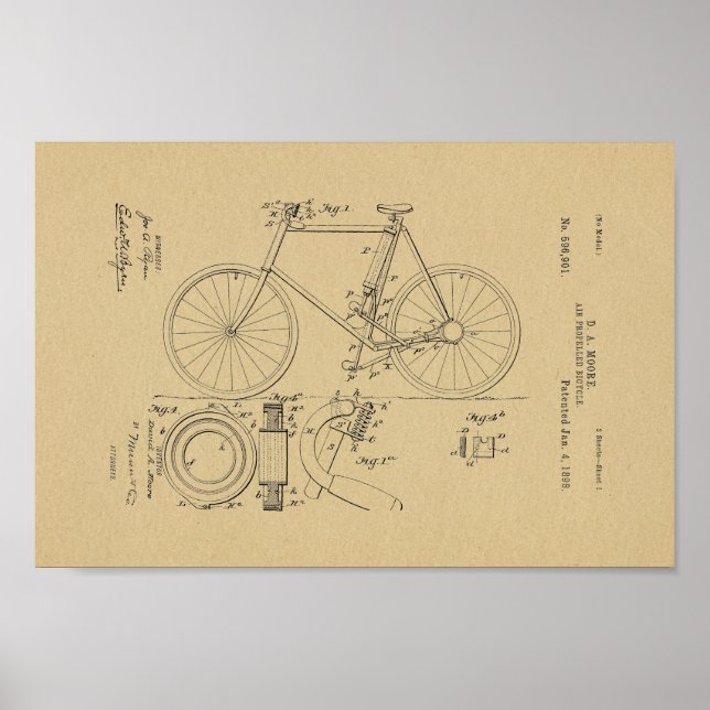 1898 Vintage Air Bicycle Patent Art Impressão (Frente)
