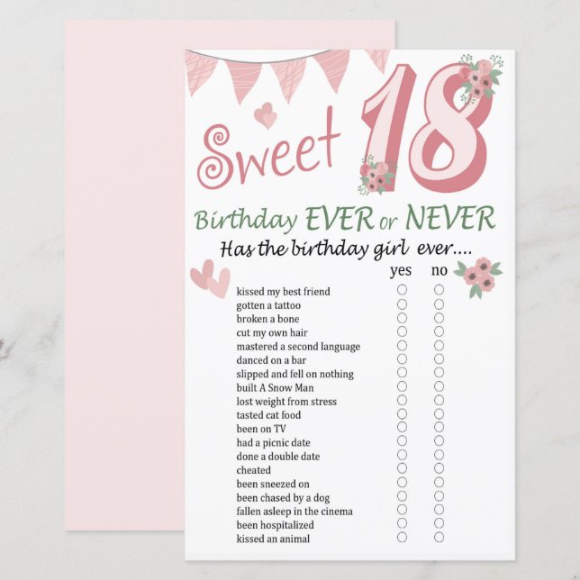 18. º Aniversário Nunca ou Nunca Jogo (Frente/Verso)