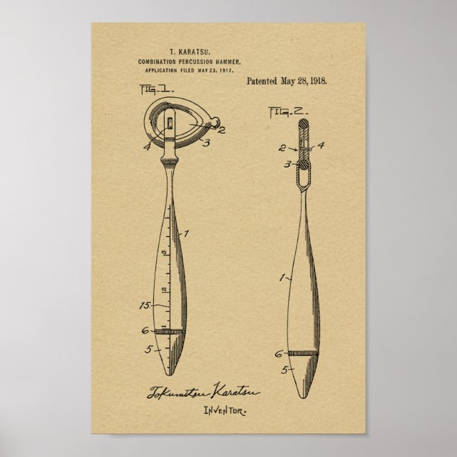 1918 Reflex Medical Hammer Patent Art Impressão (Frente)