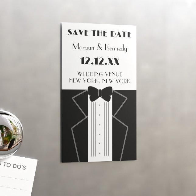 1920 Estilo Tuxedo Casamento Salve o ímã de data (Perfect magnetic Save the Date for a 1920s themed wedding. Just add your details)