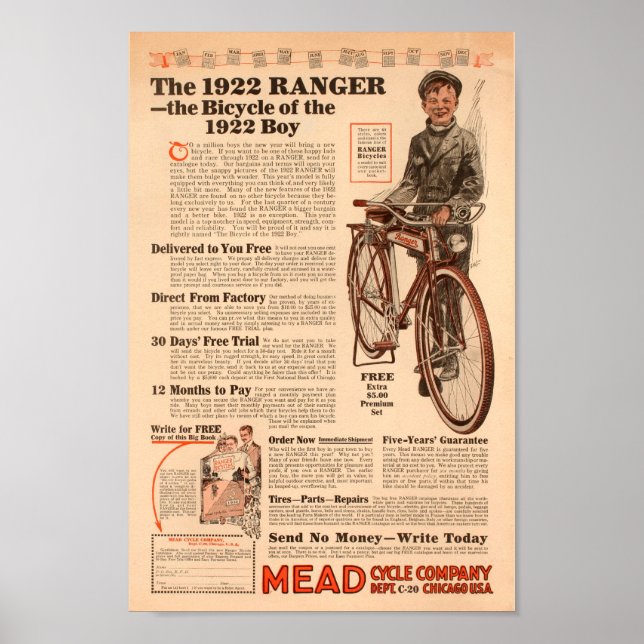 1922 Vintage Boys Ranger Bicicleta e Poster de Art (Frente)