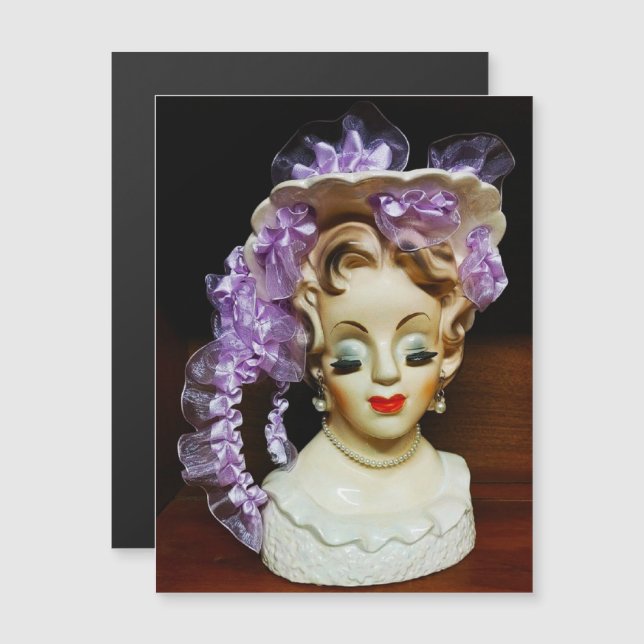 1950s MCM Beauty Hat Purple Ribbons Lady Head Vase (Frente/Verso)