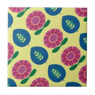 1960 flores no azulejo cor-de-rosa, azul e amarelo