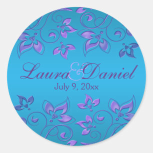 1,5" floral roxo e azul etiqueta redonda do