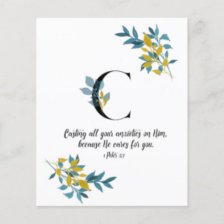 1 Peter 5:7, Carta C, placa de script de aquarela
