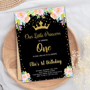 1rua Black Floral Princess Birthday Convite