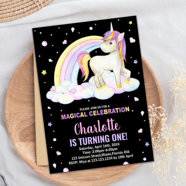 1rua - Convites de Aniversário do Unicórnio Preto (1st Floral Black Unicorn Birthday Invitations)